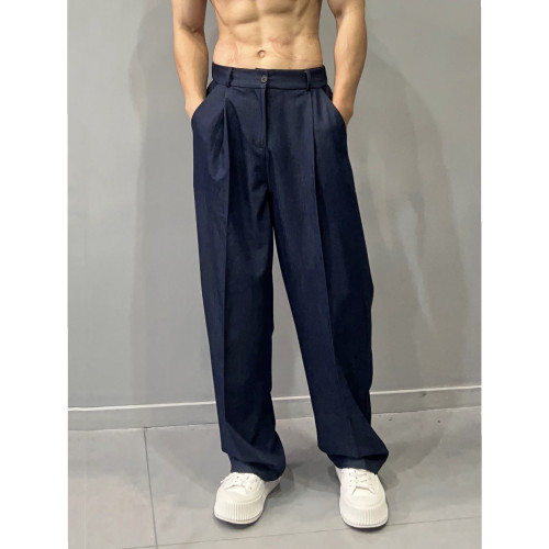 JK夏季新品牛仔褲男中腰垂感薄款寬松顯瘦冰絲直筒拖地濶腿褲子男