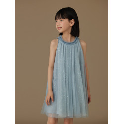 哈齒童裝兒童湖藍色連衣裙夏季薄款公主裙紗裙女孩背心裙女童洋氣