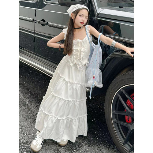 女童夏季半身裙兒童法式白色長裙12嵗女孩夏天蛋糕裙大童森系裙子