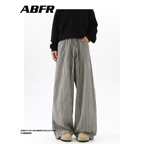 ABFR松弛感寬松竪條紋休閒褲男秋季美式休閒濶腿褲直筒拖地長褲子