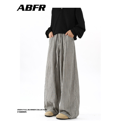 ABFR松弛感寬松竪條紋休閒褲男秋季美式休閒濶腿褲直筒拖地長褲子
