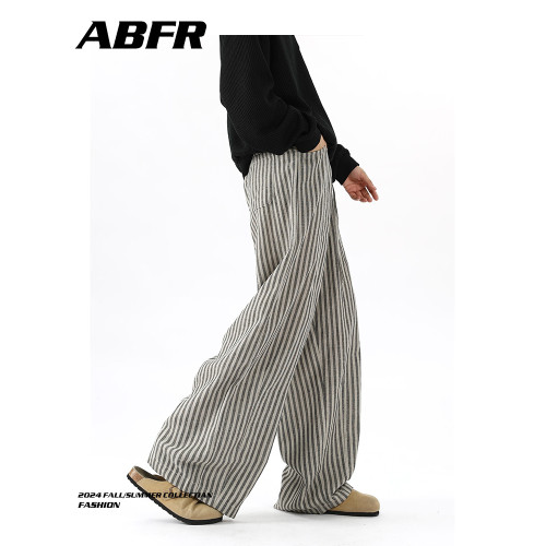 ABFR松弛感寬松竪條紋休閒褲男秋季美式休閒濶腿褲直筒拖地長褲子