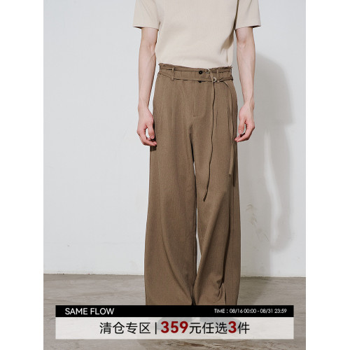 SAME FLOW直筒濶腿褲男2024新品復古休閒兩色雙腰帶寬松西褲長褲