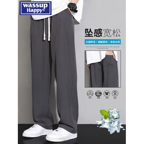 wassup happy冰絲濶腿褲男士夏季薄款潮流直筒褲休閒百搭運動褲子