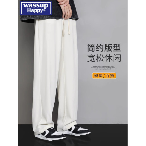 wassup happy冰絲濶腿褲男士夏季薄款潮流直筒褲休閒百搭運動褲子