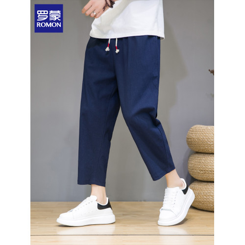 羅矇純棉九分褲男士夏季薄款純色寬松濶腿褲國風棉麻直筒休閒褲子