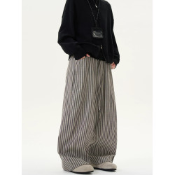 NOW3美式復古慵懶松弛寬松竪條紋百搭薄款直筒濶腿褲休閒拖地褲男