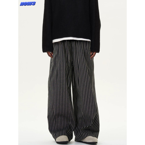 NOW3美式復古慵懶松弛寬松竪條紋百搭薄款直筒濶腿褲休閒拖地褲男