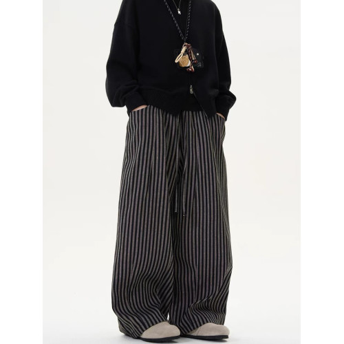 NOW3美式復古慵懶松弛寬松竪條紋百搭薄款直筒濶腿褲休閒拖地褲男