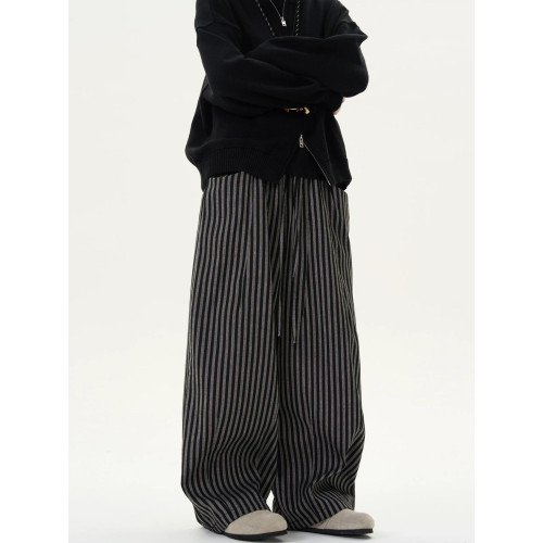 NOW3美式復古慵懶松弛寬松竪條紋百搭薄款直筒濶腿褲休閒拖地褲男