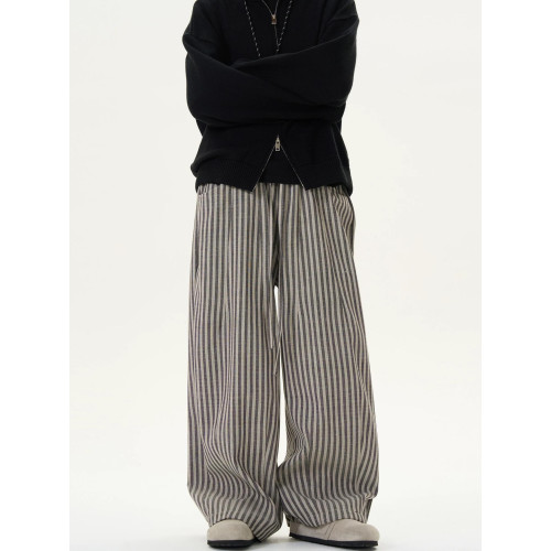 NOW3美式復古慵懶松弛寬松竪條紋百搭薄款直筒濶腿褲休閒拖地褲男