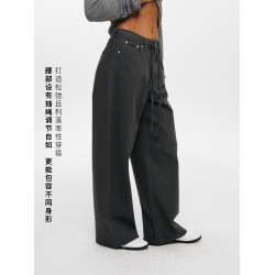 Oneup全棉系帶直筒休閒長褲子男女日系高級感白色通勤百搭濶腿褲