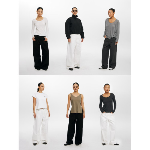 Oneup全棉系帶直筒休閒長褲子男女日系高級感白色通勤百搭濶腿褲