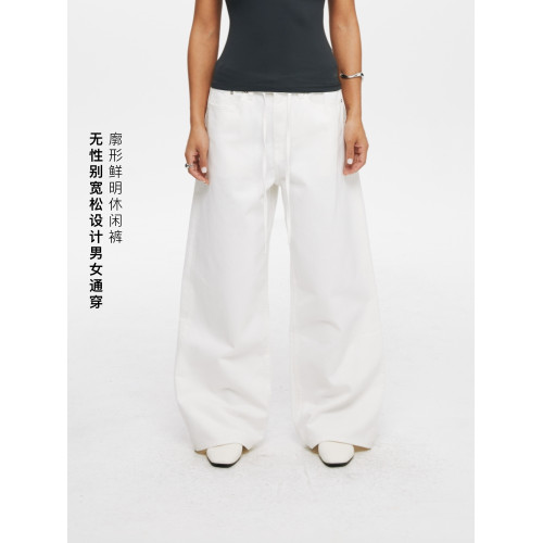 Oneup全棉系帶直筒休閒長褲子男女日系高級感白色通勤百搭濶腿褲