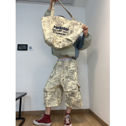 新款工裝褲濶腿褲男七分褲短褲男美式復古多口袋寬松慵懶風