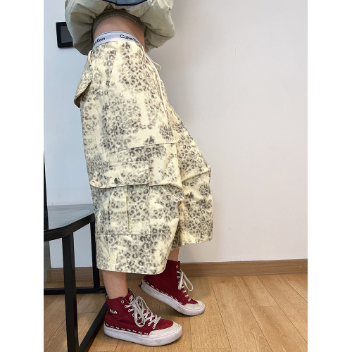 新款工裝褲濶腿褲男七分褲短褲男美式復古多口袋寬松慵懶風