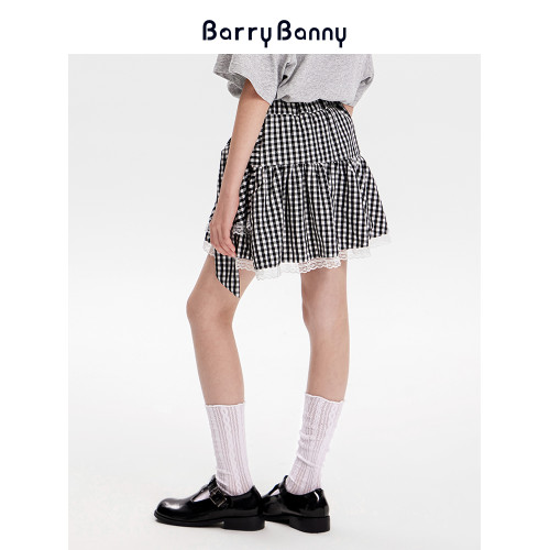 BarryBanny女童格子半身裙2025夏季新款百搭女孩綁帶蕾絲裙褲