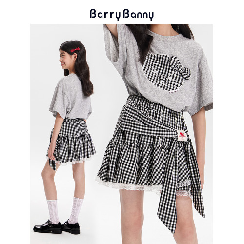 BarryBanny女童格子半身裙2025夏季新款百搭女孩綁帶蕾絲裙褲