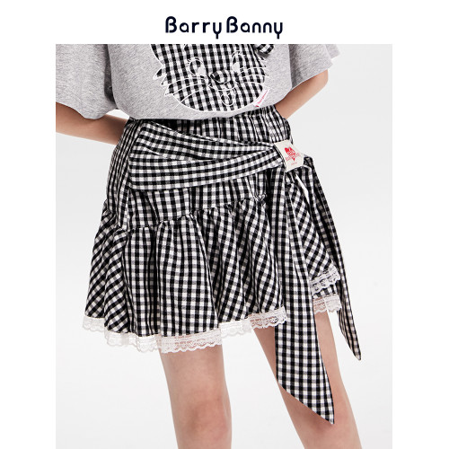 BarryBanny女童格子半身裙2025夏季新款百搭女孩綁帶蕾絲裙褲