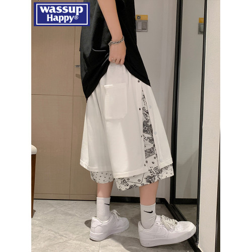 wassup happy排釦假兩件短褲男款夏季運動復古濶腿褲大碼休閒褲子
