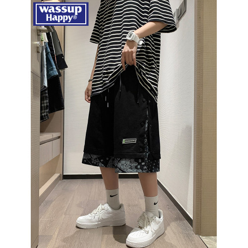 wassup happy排釦假兩件短褲男款夏季運動復古濶腿褲大碼休閒褲子