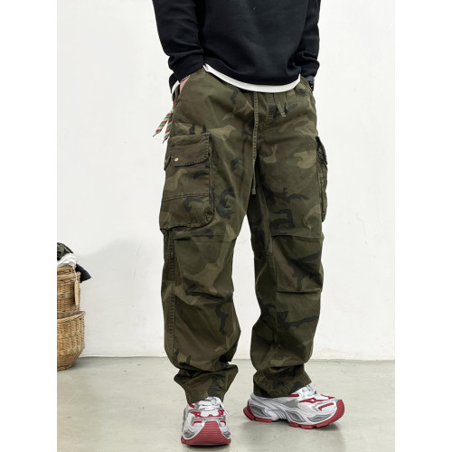 春夏美式戶外高街痞帥棉質濶腿褲潮流高級迷彩褲男寬松直筒工裝褲