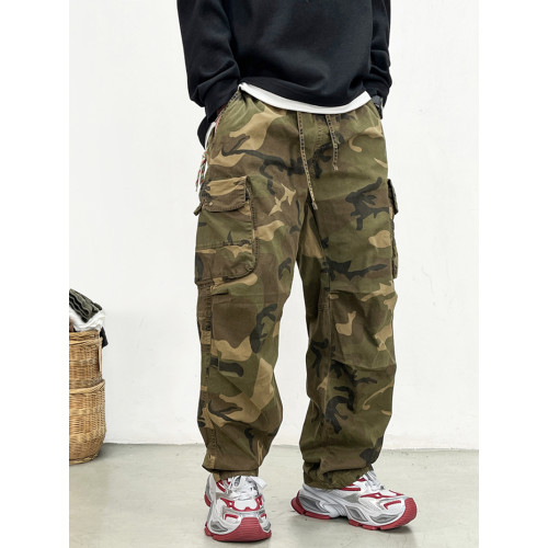 春夏美式戶外高街痞帥棉質濶腿褲潮流高級迷彩褲男寬松直筒工裝褲