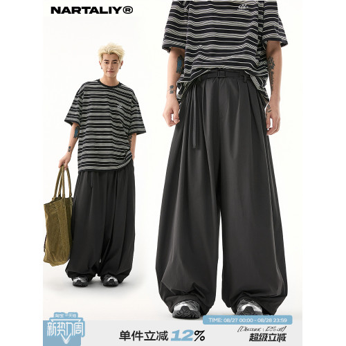 NARTALIY日系復古寬松濶腿褲休閒長褲男春夏輕薄防潑水垂感拖地褲