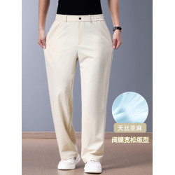 天絲亞麻濶腿褲 夏季薄款男士休閒褲 寬松直筒加肥加大碼棉麻褲子