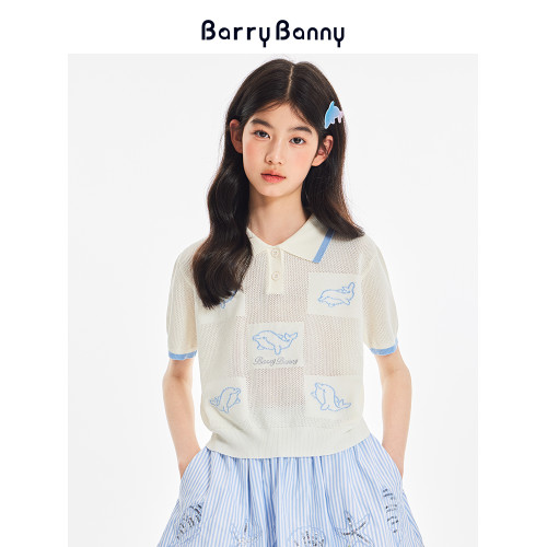 BarryBanny女童海豚Polo衫2025夏季新款兒童透氣翻領上衣短袖T恤