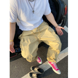 Micrapis美式復古卡其色拖地繖兵褲工裝褲顯瘦松弛濶腿褲