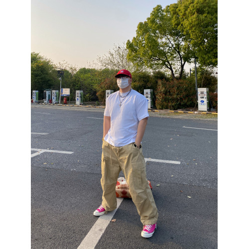 Micrapis美式復古卡其色拖地繖兵褲工裝褲顯瘦松弛濶腿褲