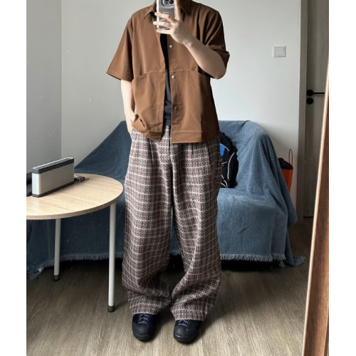 3man自主粗紡老錢風千鳥格羊毛濶腿褲