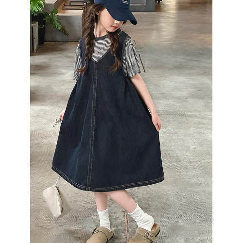 女童背心裙2025夏季新款兒童洋氣天絲涼感短袖t恤套裝牛仔連衣裙
