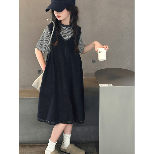 女童背心裙2025夏季新款兒童洋氣天絲涼感短袖t恤套裝牛仔連衣裙