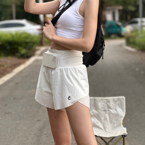 雙層速乾跑步短褲女馬拉松競速運動褲腰包多口袋內襯防走光三分褲