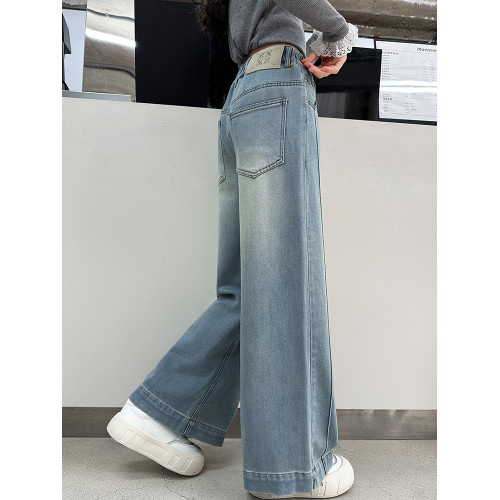 女童秋裝褲子2025新款洋氣中大兒童牛仔褲春秋中腰直筒寬松濶腿褲