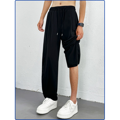 2025春夏新款冰絲休閒褲男士寬松直筒濶腿褲垂感做舊高彈力長褲子