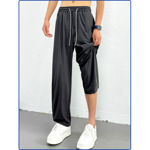 2025春夏新款冰絲休閒褲男士寬松直筒濶腿褲垂感做舊高彈力長褲子