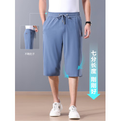 桑蠶絲運動七分褲男夏季休閒寬松大碼中褲男士高彈濶腿褲速乾短褲