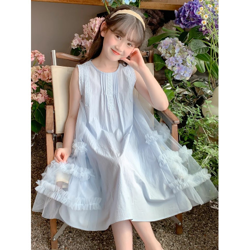 女童連衣裙2025夏季新款童裝女孩洋氣純色薄款裙子兒童甜美公主裙