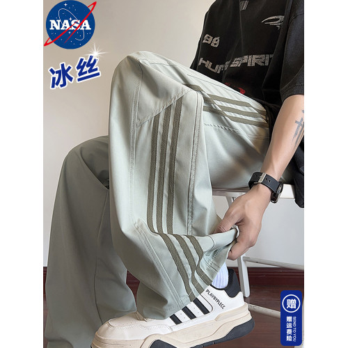 NASA條紋冰絲褲子男款夏季薄款寬松直筒濶腿褲2025新款休閒長褲