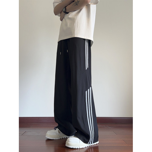 NASA條紋冰絲褲子男款夏季薄款寬松直筒濶腿褲2025新款休閒長褲