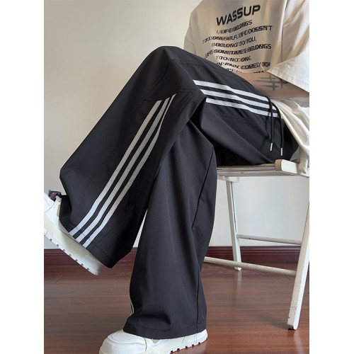 NASA條紋冰絲褲子男款夏季薄款寬松直筒濶腿褲2025新款休閒長褲