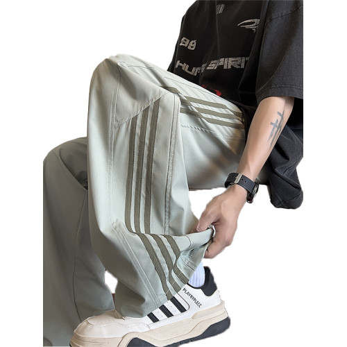 NASA條紋冰絲褲子男款夏季薄款寬松直筒濶腿褲2025新款休閒長褲