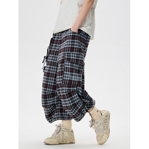 LAMLICKA藍色格子褶皺口袋七分褲夏季女美式寬松直休閒感濶腿褲男