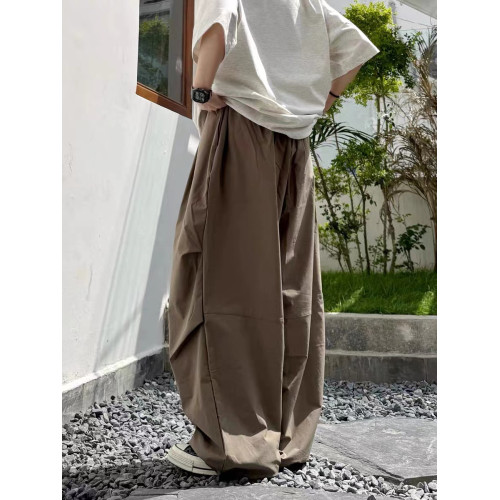 日系復古純色寬松褶皺水洗濶腿褲男女春夏百搭抽繩彎刀褲輕薄長褲