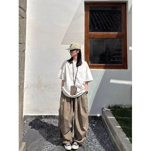 日系復古純色寬松褶皺水洗濶腿褲男女春夏百搭抽繩彎刀褲輕薄長褲