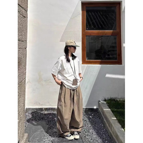 日系復古純色寬松褶皺水洗濶腿褲男女春夏百搭抽繩彎刀褲輕薄長褲