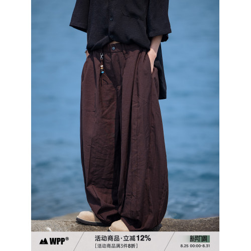 WPP 夏季亞麻混紡薄款休閒長褲褶皺設計感寬松純色慵懶風濶腿褲男